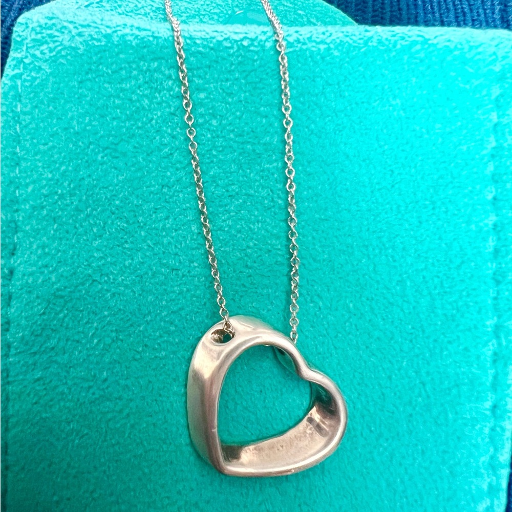 Tiffany & Co. Sterling Open Heart Necklace - Silver on Blue-Green